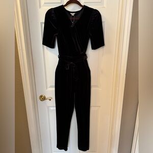 Habitual Girls Velour Jumpsuit Black Faux Wrap Elastic Waist Bow Sz 16 Holiday
